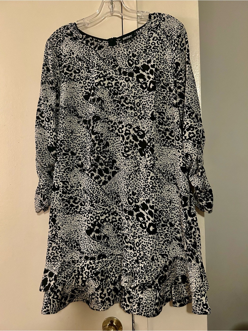 DKNY Black and White Leopard-Print Long Sleeve Ruffle Dress